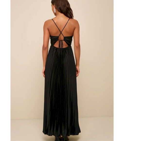 Precious Sentiments Black Satin Pleated Tie-Back Maxi Dress Size Medium NWOT - Picture 2 of 7